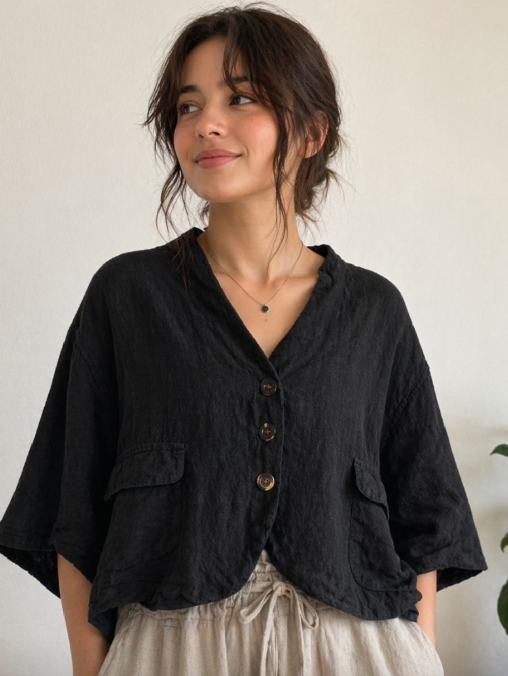 H + Hannoh Wessel  Vilja Black Cropped Button-Front Linen Jacket In Notte